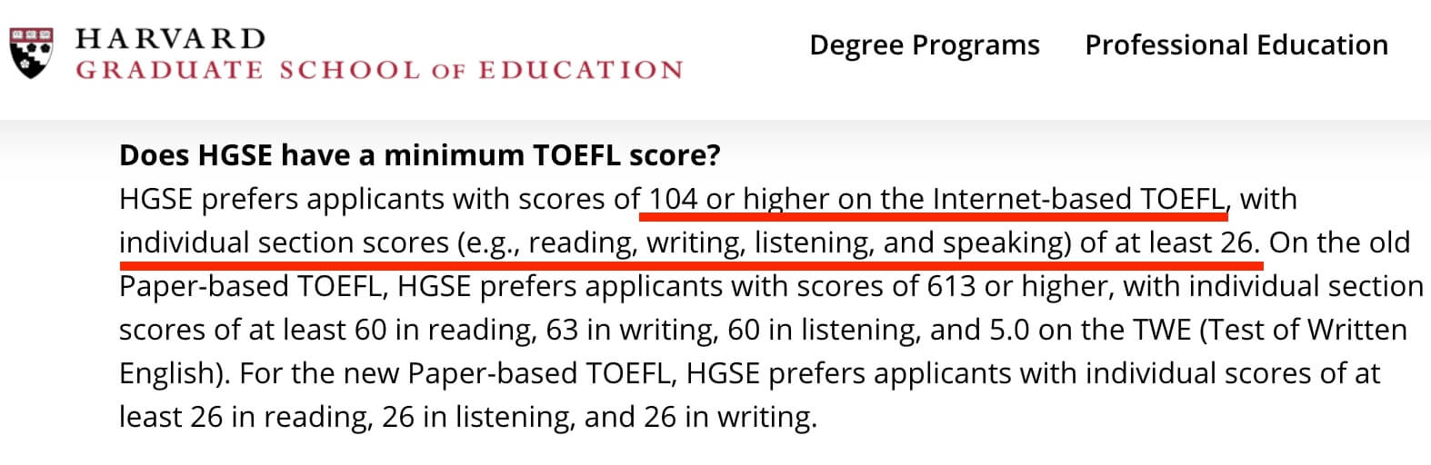 ハーバード　教育学大学院　TOEFLスコア