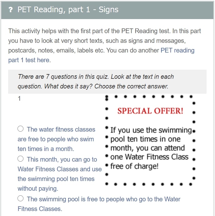 Exam English Pet Reading