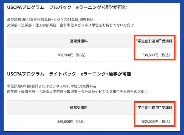 アビタスUSCPA 学生割引適用料金