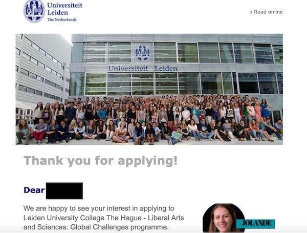 ライデン大学から受け取った出願受付メール