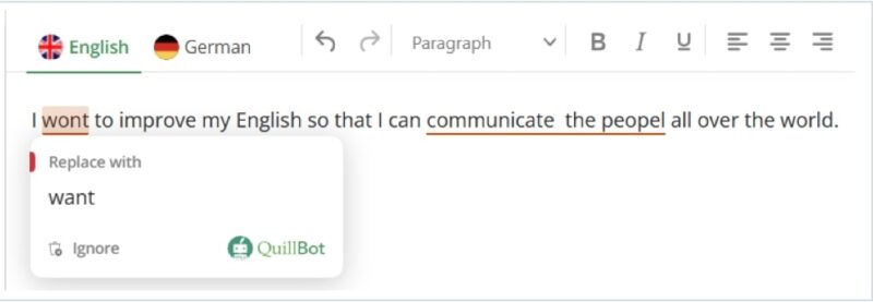 QuillBot 文法チェック
