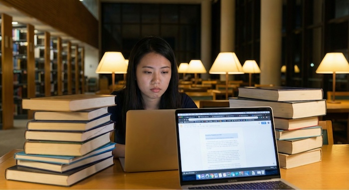 深夜の図書館で勉強する学生