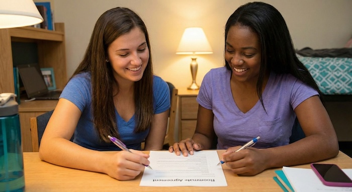 ルームメイト契約書について話し合う二人の女子学生。 (Two female students discussing Roommate Agreement.)