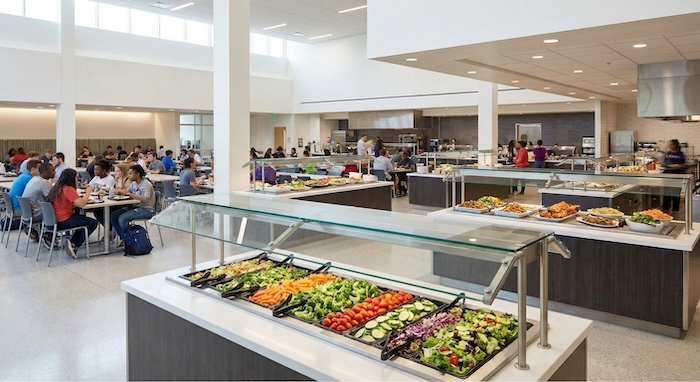モダンな大学の食堂、サラダバーと学生たち。 (Modern university dining hall, salad bar, students.)