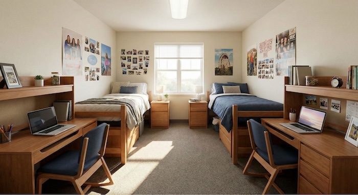 アメリカの大学寮の二人部屋、整理された内部。 (American university dorm double room, organized interior.)