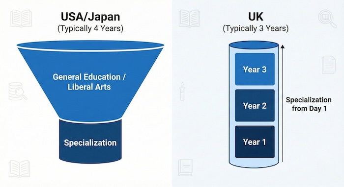 US/Japan vs UK education model comparison. / 日米と英国の教育モデル比較図