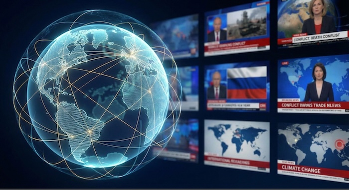 Interconnected globe and world news screens. (相互接続された地球と世界のニュース画面)