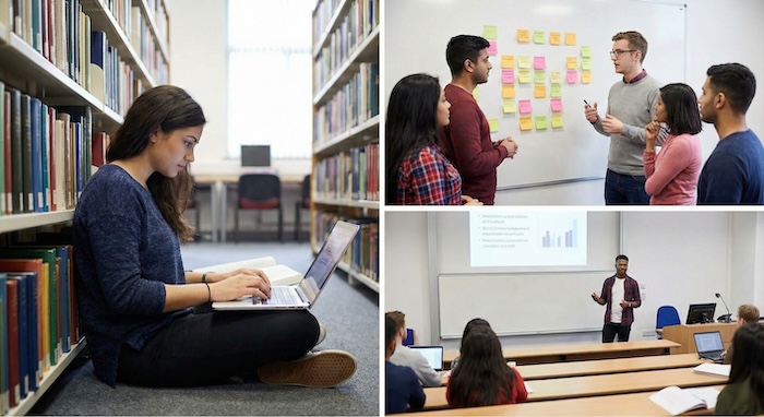 Collage of diverse university learning styles. (多様な大学の学習スタイルのコラージュ)