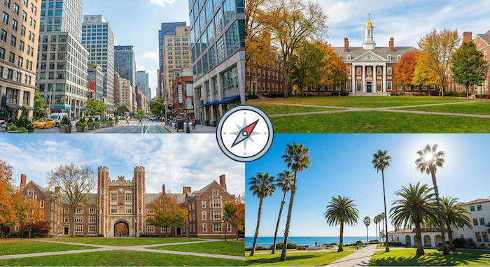 Diverse American university campuses collage (多様なアメリカ大学キャンパスのコラージュ)