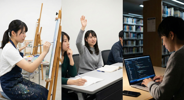 Three Japanese students in America triptych (アメリカにいる日本人学生3人の写真)