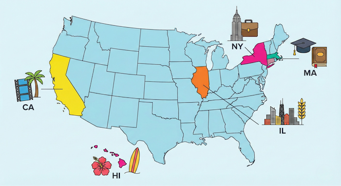 Infographic map of popular US states for students (留学生に人気の州のインフォグラフィック地図)