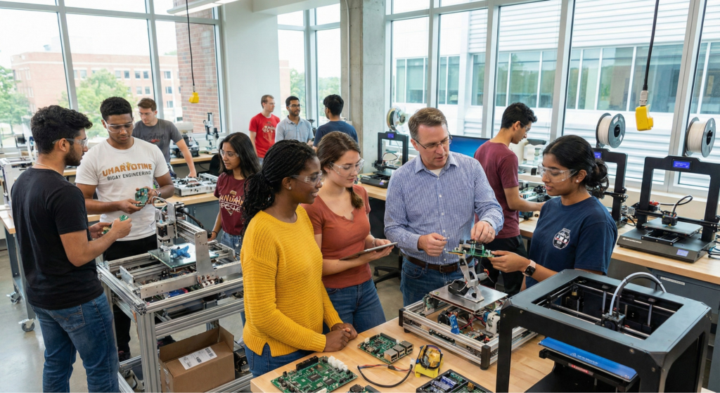 Bustling engineering lab with students. / 活気ある工学研究室の様子。