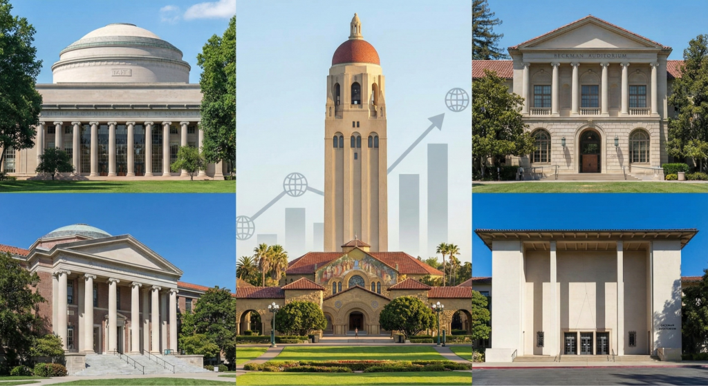 Top US university campus collage with ranking chart. / 米国トップ大学のキャンパスとランキング図