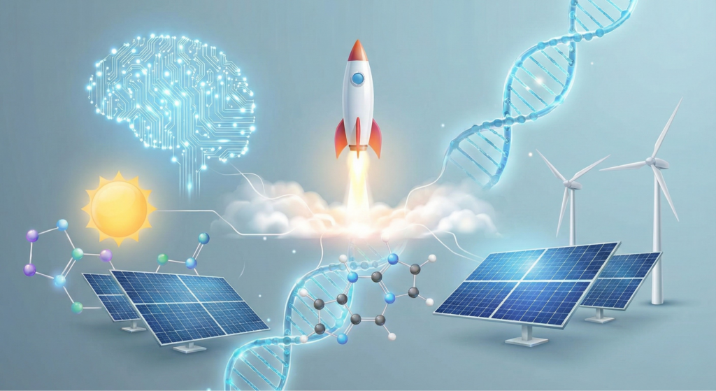 Futuristic illustration of diverse engineering fields. / 多様な工学分野の未来的なイラスト