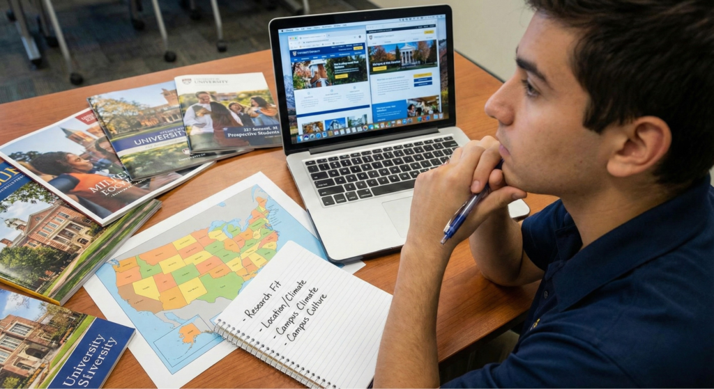 Student contemplating university choices at desk. / 大学選びに悩む学生のデスク