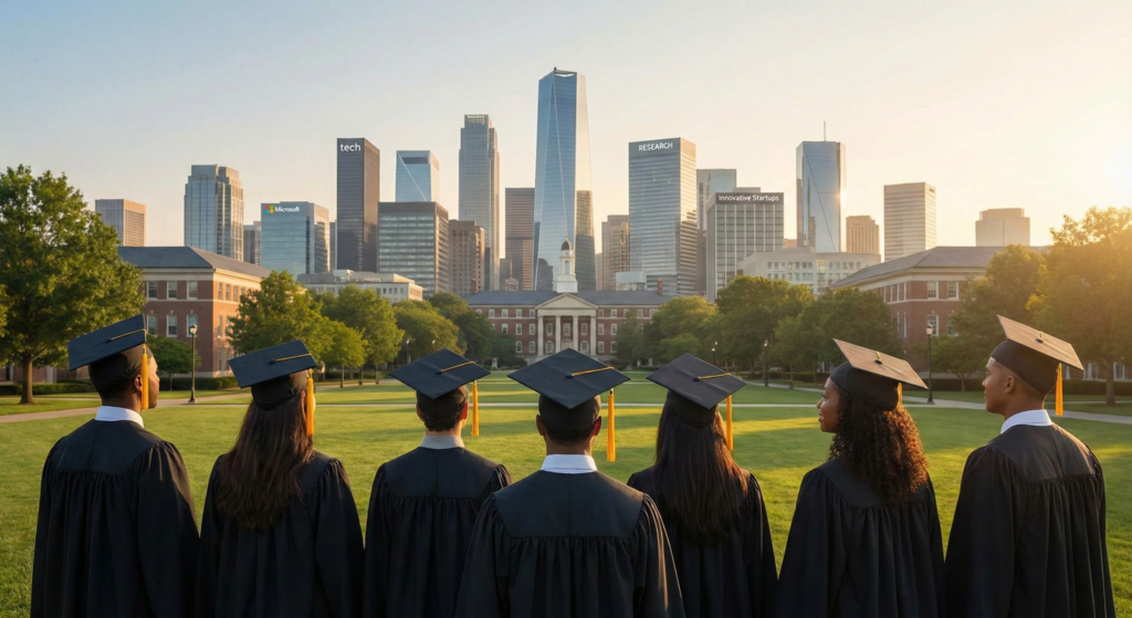 Graduates looking towards a future cityscape. / 未来の都市を見つめる卒業生たち
