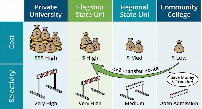 大学の費用と難易度のインフォグラフィック