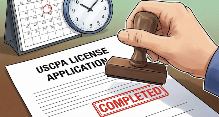 USCPAライセンス申請書に完了スタンプを押す手。