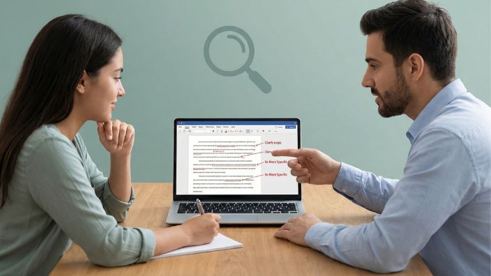 メンターと学生がPC画面を見ながらエッセイを修正している様子。