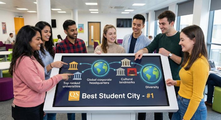 学生が「世界一の学生都市」のインフォグラフィックを見る。