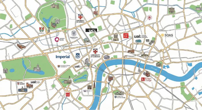 ロンドンの大学イラストマップ。