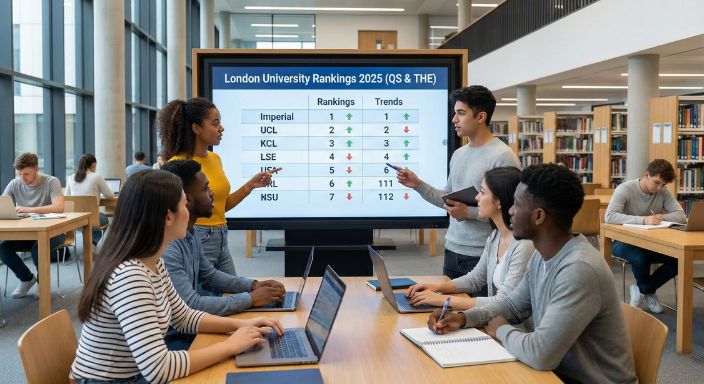 図書館で2025年の大学ランキングを議論する学生。