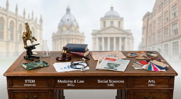 ロンドンの大学の専攻を表す静物写真。