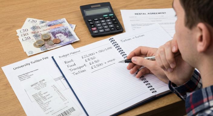 ロンドンの生活費を計算する学生。