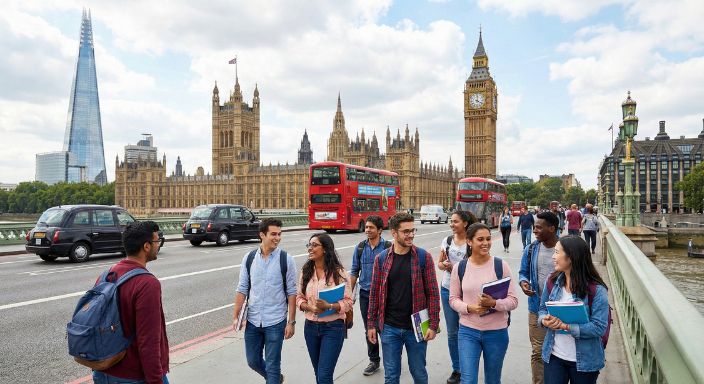 ウェストミンスター橋を歩く多様な学生たち。