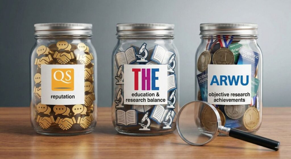 Three university ranking jars (QS, THE, ARWU) and a magnifying glass for comparison. (大学ランキングの瓶と虫眼鏡)