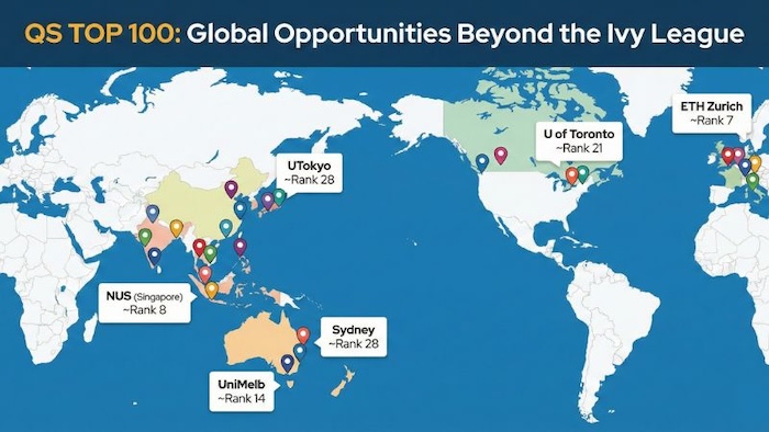 QSトップ100大学を示す世界地図 / World map highlighting QS Top 100 universities