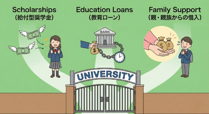 3つの資金調達方法のイラスト / Three funding pathways illustration