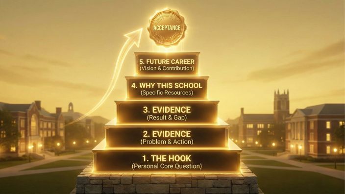 合格率を高めるSoPの「黄金5段落構成」を示すピラミッド図。