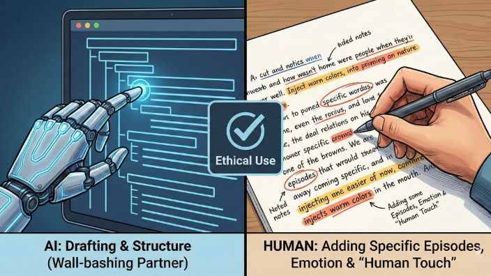 AIによる構成作成と人間による感情表現の協力を示す、執筆倫理のイメージ図。