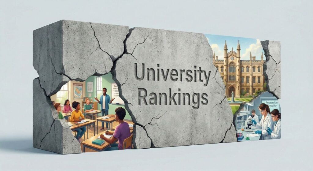 A cracked "University Rankings" block revealing hidden academic values. (「大学ランキング」のブロックと隠れた価値)