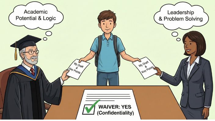 推薦状を教授と上司に戦略的に依頼する学生のイラスト。