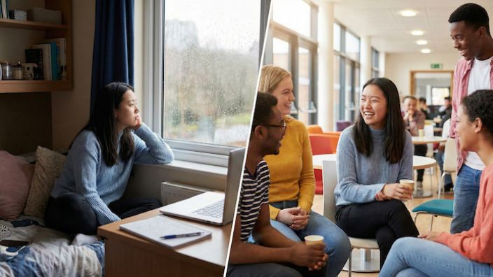 留学中の孤立した場面と交流場面の対比写真 (