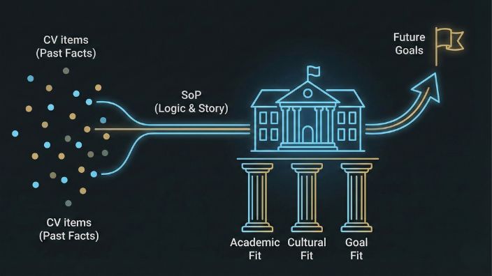 過去の実績と未来の目標をつなぐSoP（志望動機書）の役割を示す図解。